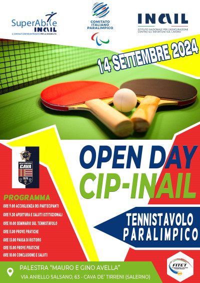 Open Day Cip-Inail di tennistavolo paralimpico, Cava de' Tirreni 14 settembre...